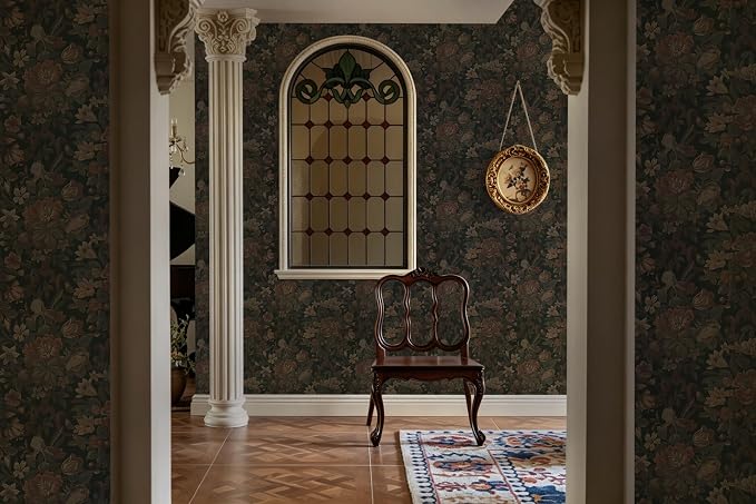 Dimoon Vintage Peel and Stick Wallpaper Dark Green Floral Wall Paper 16.1"x236" Retro Victorian Moody Wallpaper Renter Friendly Dark Floral Gothic Contact Paper for Bedroom Shelf Liner Vinyl Roll - Image 6