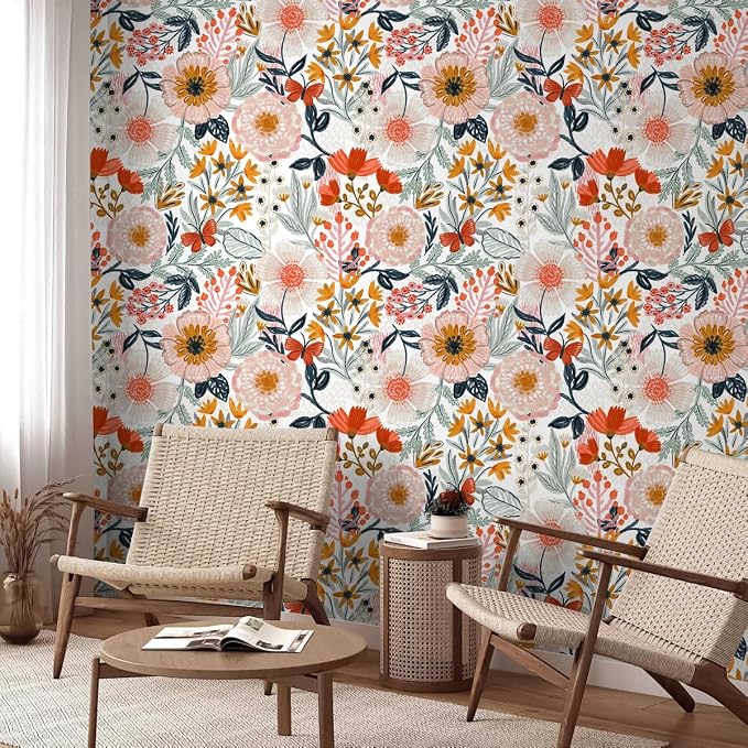 HAOKHOME Floral Peel and Stick Wallpaper Boho Pink Botanical Wall Paper | Modern Textured Colorful Contact Paper Renter Friendly Removable White Orange Flower Bathroom Bedroom Nursery 17.3in x 9.8ft - Image 3