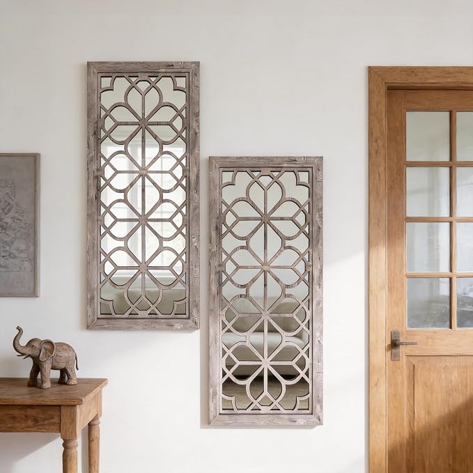 Set of 2 13x30 Inch Large Brown Shatterproof Carved Floral Wood Frame Wall Mirrors, Boho Farmhouse Rustic Accent Mirrors for Living Room Bedroom Bathroom & Home Decor by HMANGE