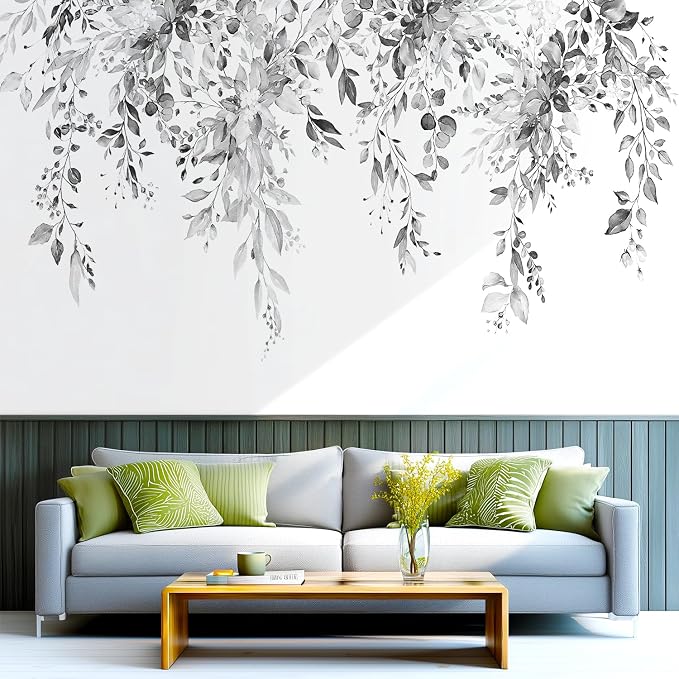 Gray Plants Leaves Wall Decals Peel and Stick, Large Floral Flowers Vinyl Wall Stickers, Removable Vine Home Decor Art for Bedroom Living Room Classroom Office by VePret