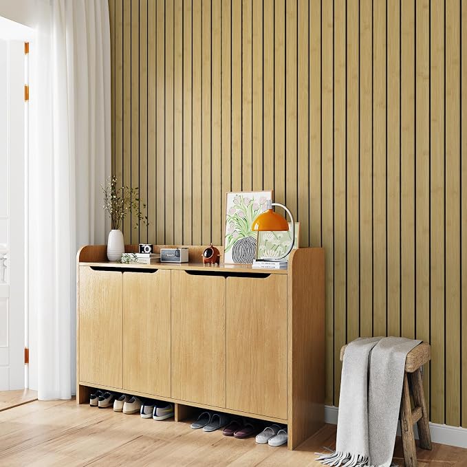 Wallercity Brown Wood Slat Wall Panels Wooden Acoustic Slat Wall Panelings | Self Adhesive Flexible 3D Textured Shiplap Panels Wood Grain Peel and Stick Wallpaper for Bedroom Walls Basement 11.8x118 IN - Image 4