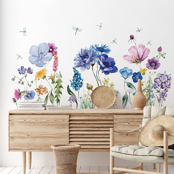 Zonon 6 Pcs Flower Wall Decals Peel and Stick Sticker, Beautiful | Vinyl Removable Wall Stickers & Murals, Colorful Dragonflies Wall Decals, Wildflower Decor for Bedroom, Living Room, Nursery - Image 3