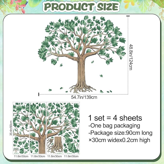 Amaonm Large Watercolor Family Tree Wall Decals 4 Pack 12x36 Inch Brown Trees with Green Leaves Peel & Stick Wall Stickers Decor for Kids Bedroom Living Room, Nursery, Classroom Home Wall (Tree) - Image 2