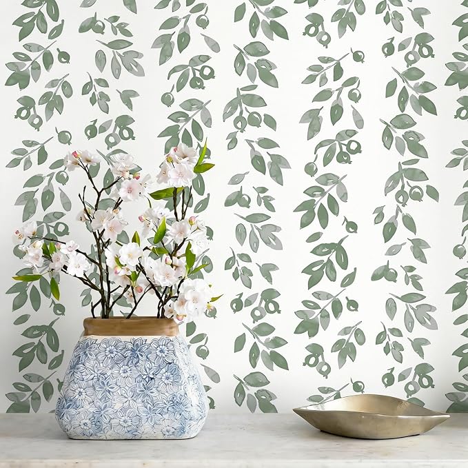 Ismoon Green Wallpaper Peel and Stick Vintage Wallpaper 17.3in x 28.21ft Green Leaf Contact Paper Vintage Cottage Wall Paper for Bedroom Bathroom Kitchen Nursery Removable Vinyl by Ismoon