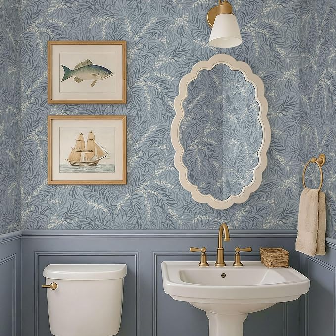 Ismoon Vintage Wallpaper Peel and Stick Dusty Blue Botanical Wallpaper 17.3in x32.8ft Leaf Removable Waterproof Blue/White Contact Paper for Bedroom Kitchen Renter Friendly Wall Decor Vinyl - Image 3