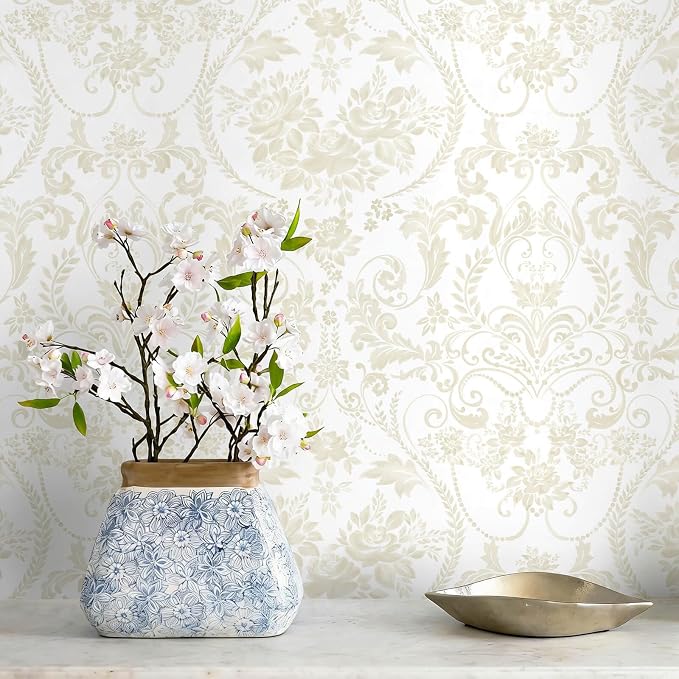 Peel and Stick Wallpaper for Bedroom Beige and White Damask Waterproof by Fiula