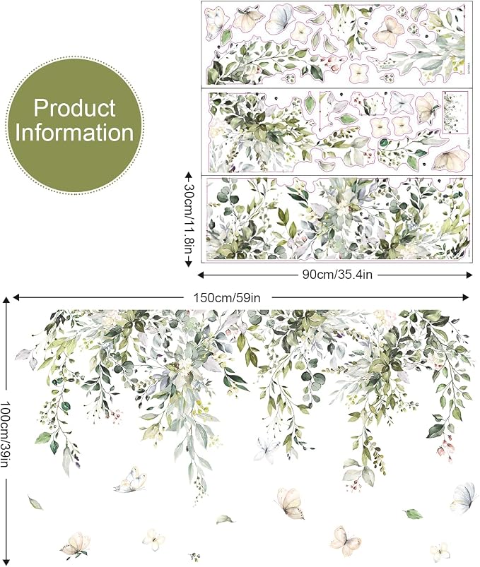 Supzone Hanging Green Leaves Wall Decals - Watercolor Plants Stickers, Large Floral Butterfly Decor, DIY Vinyl Mural Art for Bedroom, Living Room, Offices, Sofa, TV Backdrop - Image 7