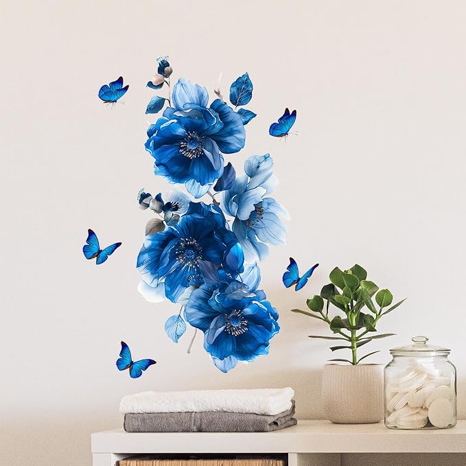 Blue Flower Wall Decals Peel and Stick Peony Floral Wall Sticker Decor Removable Peonies Bouquet Wall Murals with Butterflies for Girls Bedroom Living Room Bathroom Hallway Door Office Kids Nursery - Image 2