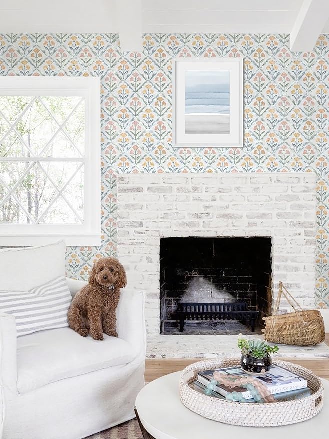 Dimoon 17.3''x78.7'' Peel and Stick Wallpaper Floral Boho Contact Paper Cute Vintage Village Wallpaper Farmhouse White Blue Renter Friendly Geometry Grid Waterproof Embossed Kitchen Bedroom Vinyl - Image 4