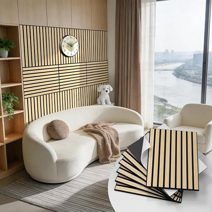 WADILE 16 Pack Self Adhesive Acoustic Wall Panels in Wood Look 11.8"x15.7" | Soundproofing PVC Slats on Felt, Decorative Wall Panels for Living Room & Bedroom Accent Wall by WADILE