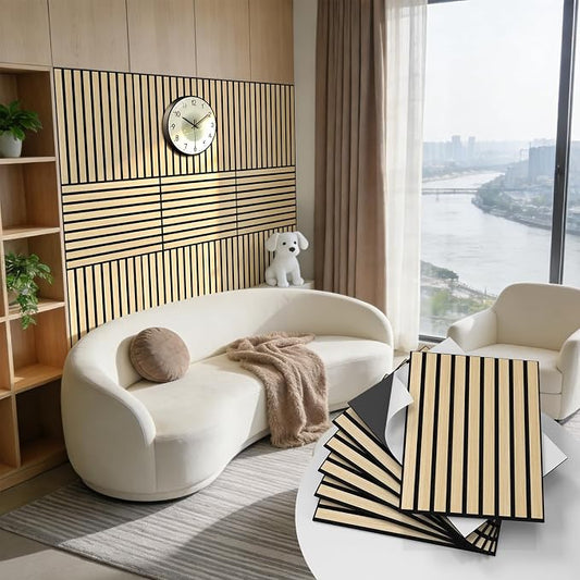 WADILE 16 Pack Self Adhesive Acoustic Wall Panels in Wood Look 11.8"x15.7" | Soundproofing PVC Slats on Felt, Decorative Wall Panels for Living Room & Bedroom Accent Wall by WADILE