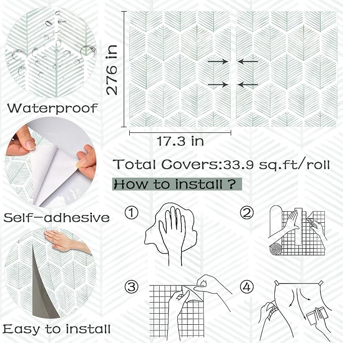 OSECAGE Modern Peel and Stick Wallpaper Boho Contact Paper 17.3''×276'' | Geometric Self Adhesive Wallpaper Removable White and Green Wall Paper Decorative for Bedroom Bathroom Cabinets Decor Vinyl - Image 3