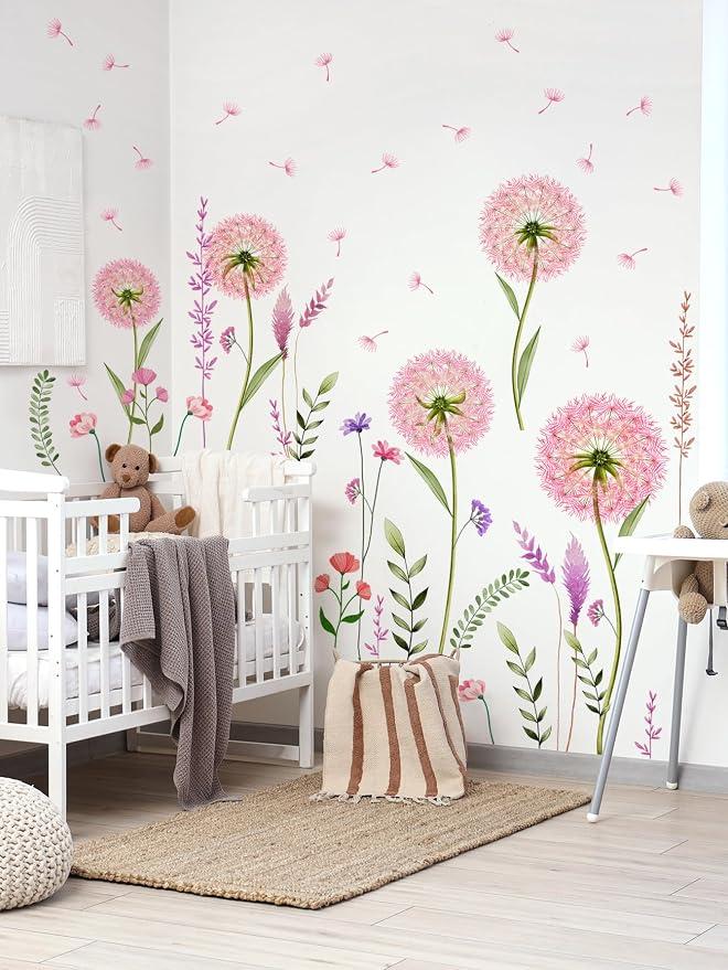 Pink Flower Dandelion Wall Stickers - Wildflower Fluffy Seed Soft Floral Wall Mural Peel & Stick Removable Wall Art Decals for Girl Bedroom Baby Nursery Kid Room,56 cm x 96 cm - Image 3