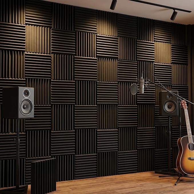 96 Pack Allxinlog Absorb the echo Acoustic Foam Panel Wedge Studio Soundproofing Wall Tiles 12" X 12" X 1"(Accompanied By Double-Sided Adhesive Tape) (96-BLACK) - Image 4