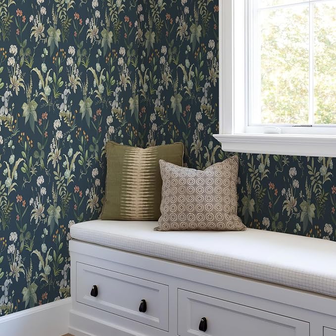 Simon&Siff Vintage Floral Peel and Stick Wallpaper 480" x 17.3" | Blue Botanical Contact Paper, Self Adhesive Removable Waterproof Wall Paper, Renter Friendly, Bedroom Cabinets DIY Decor - Image 6