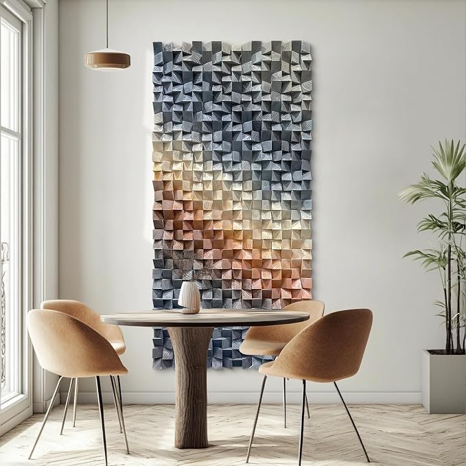 LIUZEYUE Statement-Size Modern Mosaic Wall Art, Sculptural Wood Grain | pine block wall sculpture; dark blue and warm bronze, shadow-casting facets; living room wide sofa backdrop; 35.4 x 70.9 in - Image 9