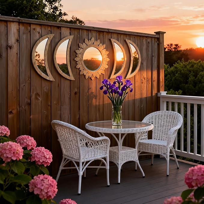 5 Pieces Moon Phase Mirror Wall-Mounted Wall Decor Mirrors Natural Wooden Sunburst Bohemian Wall Art for Home Living Room Bedroom Decoration (Natural) - Image 7