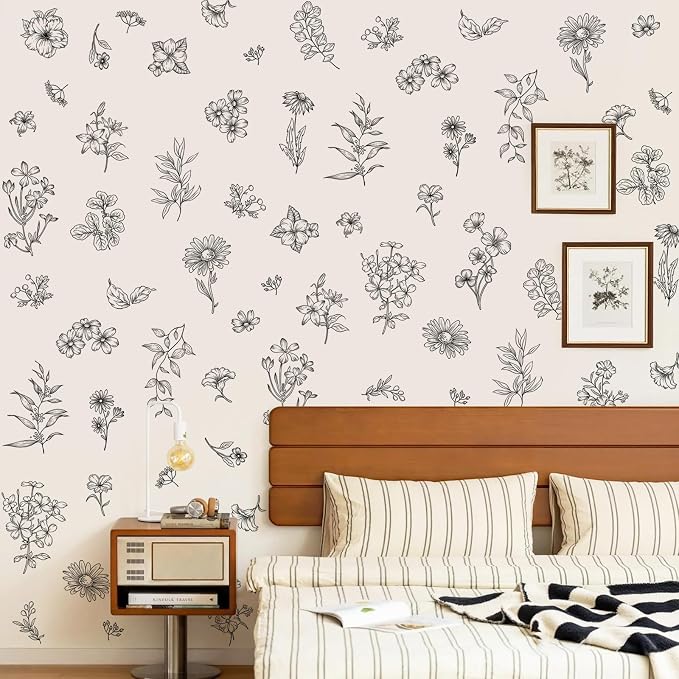 Black Flower Wall Decals Murals - 9 Sheets 67 Pcs Wildflower Botanical Plants Wall Stickers Simple Line Art Peel and Stick Vinyl Sticker for Living Room Bedroom Sofa TV Backdrop Decor - Image 5