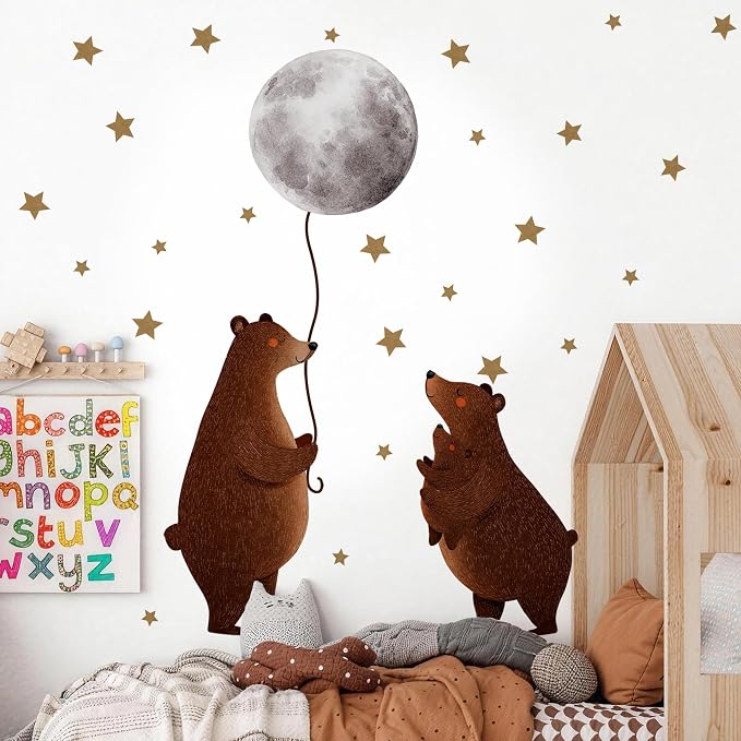 Animals Bear Wall Decal, Peel and Stick Nursery Animals Mural,Bears Stars and Moon Wall Stickers for Kids, Boys and Girls Room, Bedroom & Toddler Room Decor (Bear Stars and Moon Wall Decor) - Image 3