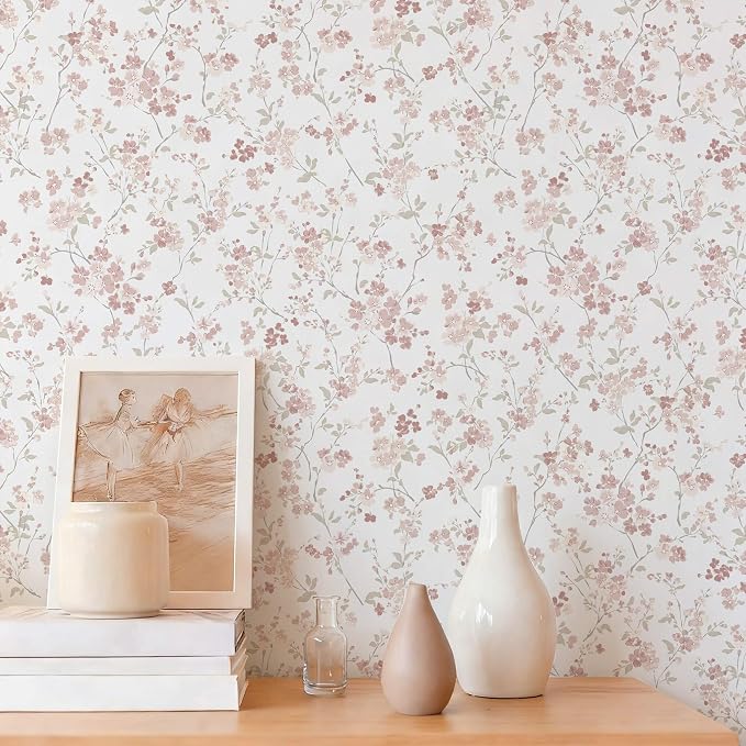 Peel and Stick Wallpaper for Nursery Pink Cherry Blossom Waterproof | 197"×17.3" Pink Floral Watercolor Wallpaper Gentle Accent Wall Decor with Grid Lines for Bedroom Vinyl Self-adhesive by Fiula