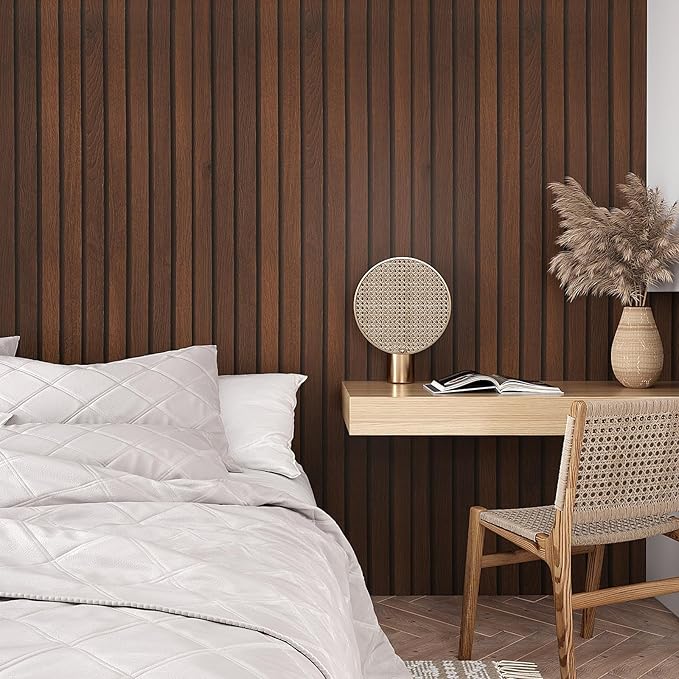 VEELIKE Wide Dark Walnut Wood Slat Peel and Stick Wallpaper Wood Contact Paper for Accent Walls Kitchen Island 24''x118'' Self Adhesive Renter Friendly Slatted Wall Panel Covering for Bedroom Bathroom - Image 2