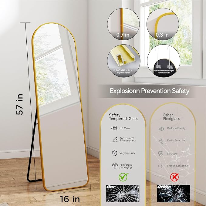 57x16" Full Length Mirror Floor Stand,Over the Door,Wall Mounted Gold - Image 4