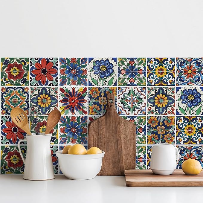 30 Pcs Mediterranean Style Peel and Stick Wall Tile Decals - Waterproof Vinyl Stickers for Kitchen Backsplash, Bathroom, Stair Riser Decor - Spanish Floral Pattern - 4x4 Inch by Unknown
