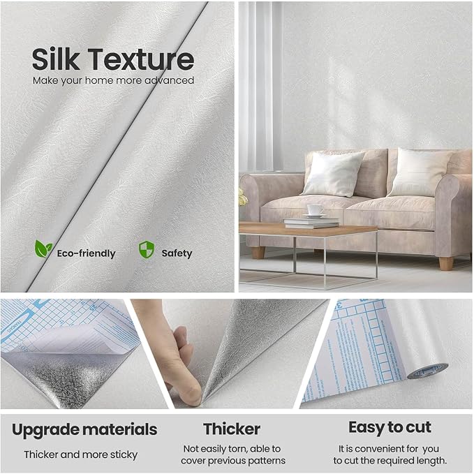 White Textured Wallpaper Peel and Stick Silk Embossed Vinyl Contact Paper | 15.7" x 787.4" Removable Wrap Paper for Cabinet - New Environmentally Friendly Upgrade Wall Paper for Cabinets Shelves - Image 3