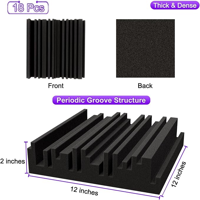 TroyStudio Thick Acoustic Foam Panels, 12 X 12 X 2 Inch 18 Pcs Broadband Sound Absorbing Foam, Dense Soundproof Padding Tile, Recording Studio Foam Absorber, Groove Decorative 3D Wall Ceiling Panel - Image 2
