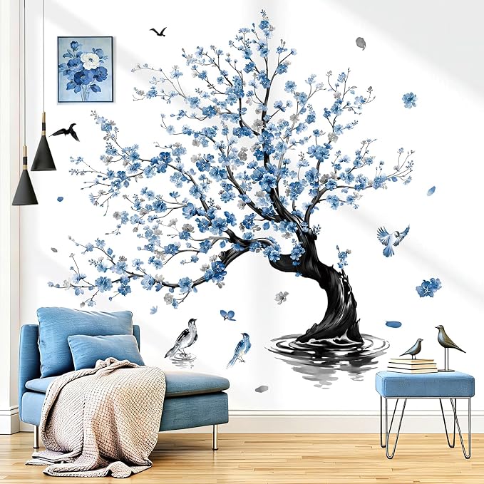 decalmile Blue Flower Tree Cherry Blossom Tree Wall Decals Stickers (XL) - Image 2