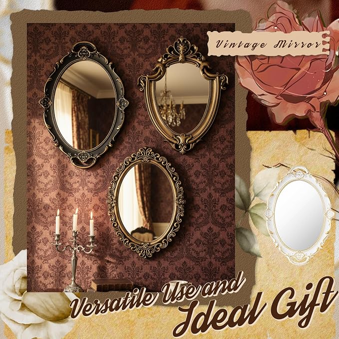 Beeveer 3 Style Vintage Mirrors Set Decorative Oval Wall Mirror Small Antique Mirrored Tray Decorative Hanging Mirror for Bathroom Bedroom Jewelry Organizer Victorian Decor (Shield,Antique Gold) - Image 4