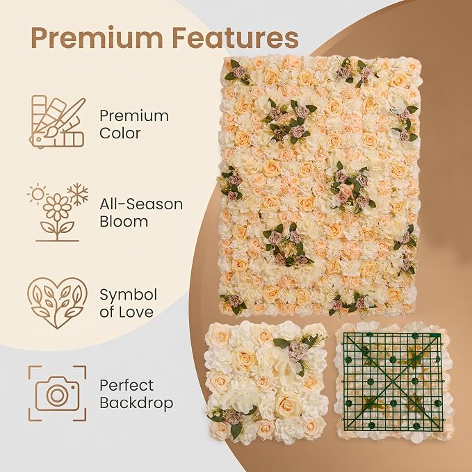 Flower Wall Backdrop, 12 Panels, 16.5x16.5 Inch, Champagne Rose | 3D design, realistic look, Seamless Design,eco-friendly,easy to assemble,reusable,.Suitable for weddings,Party,home décor - Image 8