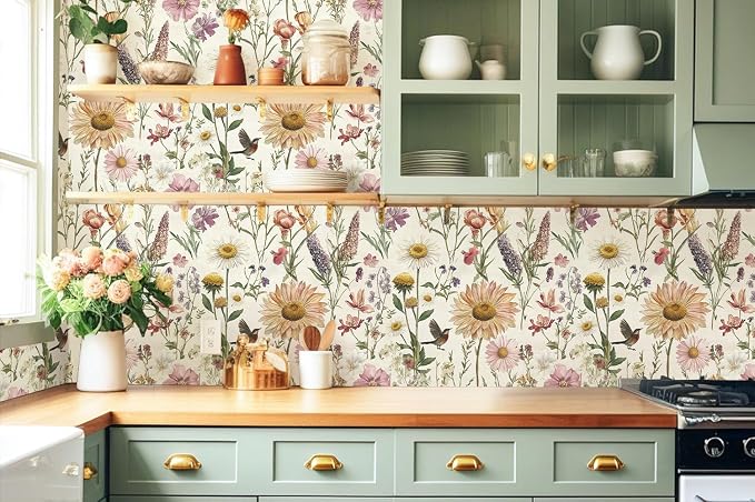Livebor Floral Peel and Stick Wallpaper for Bathroom 16.9inch x 393.7inch | Floral Bird Contact Paper Vintage Flower Wallpaper Peel and Stick Self Adhesive Waterproof Flower Decorative Wall Paper Vinyl - Image 4
