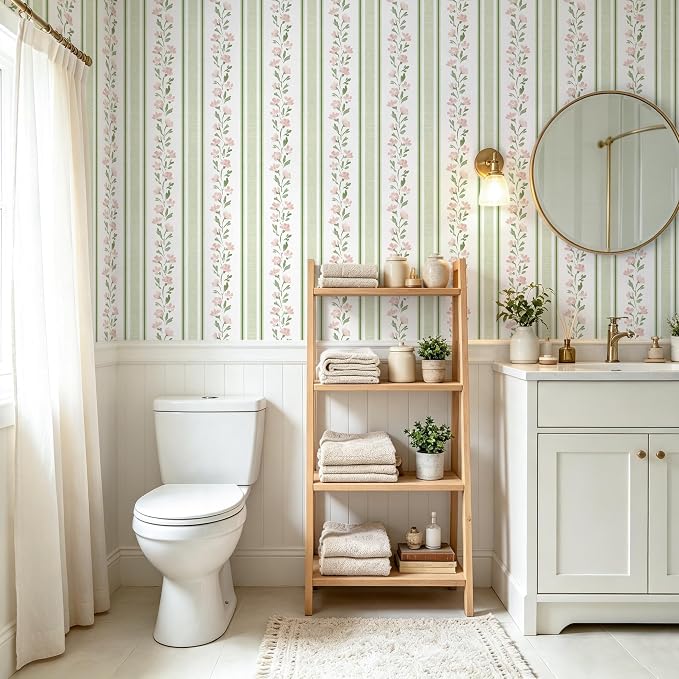 Safiyya Wallpaper Peel and Stick Stripe Floral Wall Paper Removable Green Pink Contact Paper 17.7''x78.7'' Waterproof Self Adhesive Vinyl Boho Wallpaper for Bedroom Living Room Decor - Image 2