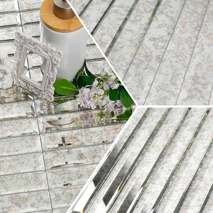 Beveled Antique Mirror Glass Tile,12x12 Inch Mirror Strip Backsplash Tiles for Kitchen Bathroom Shower Wall 5 Sheets - Image 5