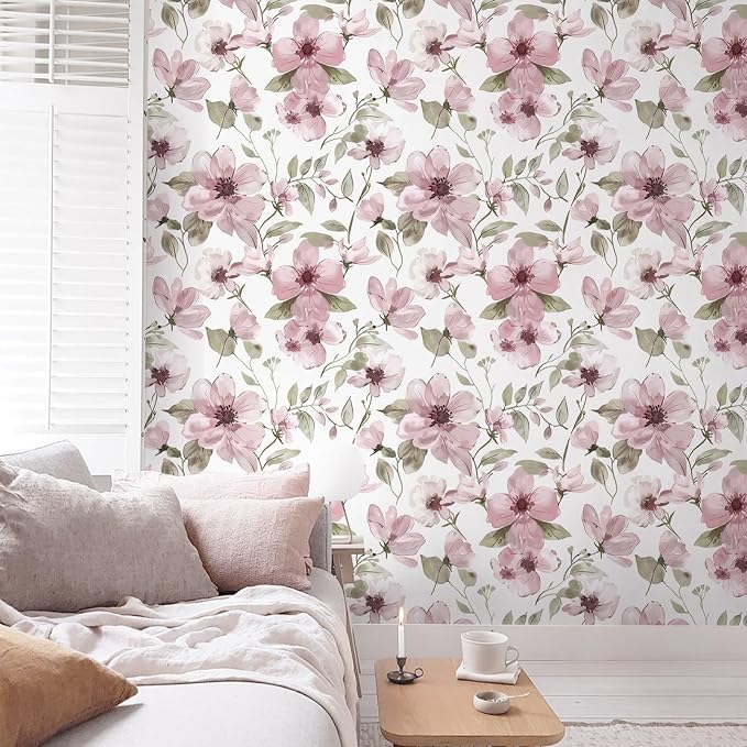 Ismoon 17.3''x78.7''Peel and Stick Wallpaper Boho Floral Contact Paper Pink Watercolor Flowers Leaf Wallpaper Removable Self-Adhesive Wall Paper for Bedroom Renter Friendly Vinyl - Image 6