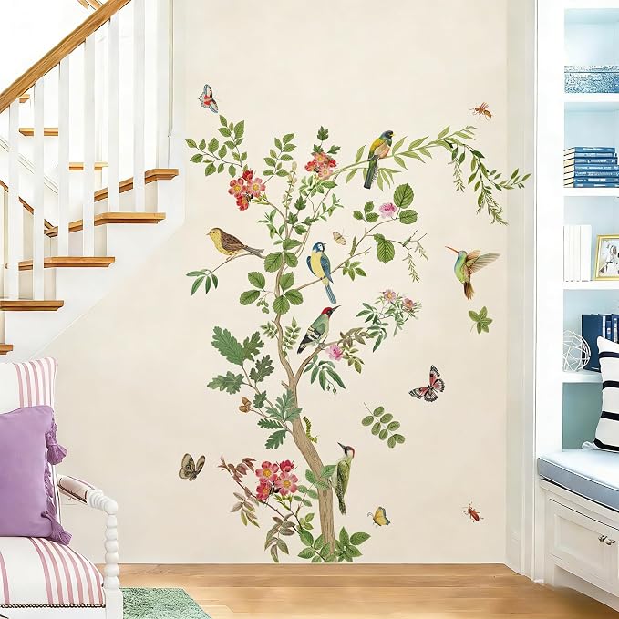Large Green Tree Wall Decals Floral Tree Branch with Birds Peel and Stick Removable PVC Wall Stickers for Living Room Bedroom Nursery TV Background Home Art Decor - Image 2