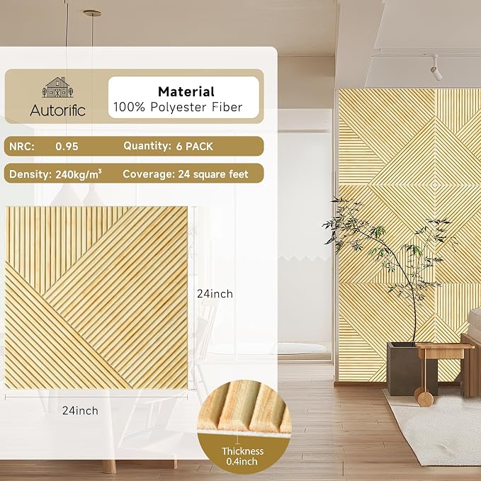 Acoustic Wall Panels,6 Pack,23.6"x23.6",Sound Panels,Natural Oak | Self-Adhesive Sound Absorbing Panels,3D UV Printing with Wood Print,High-Density 100% Polyester Fiber Art Acoustic Panels - Image 2