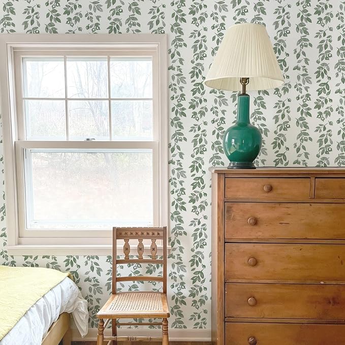 Ismoon Green Wallpaper Peel and Stick Vintage Wallpaper 17.3in x 28.21ft Green Leaf Contact Paper Vintage Cottage Wall Paper for Bedroom Bathroom Kitchen Nursery Removable Vinyl - Image 3