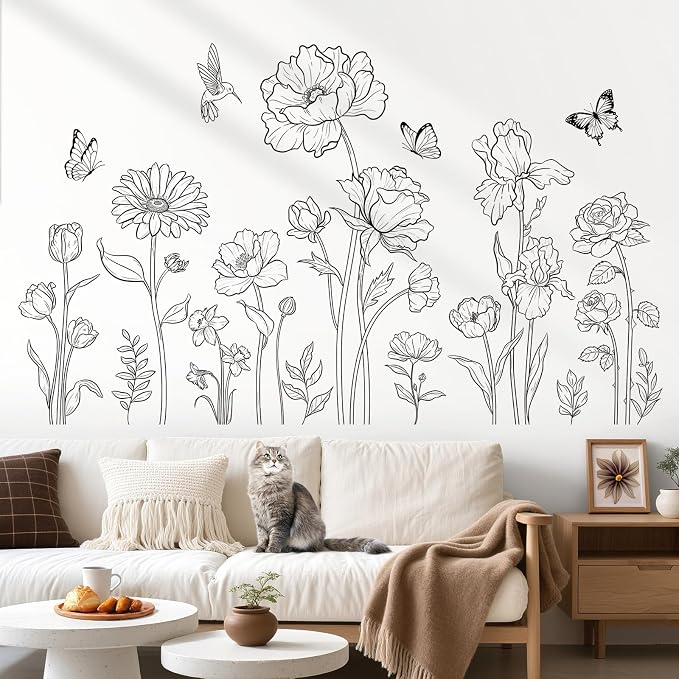 decalmile Black Boho Flower Simple Sketch Floral Wall Decals Stickers - Image 2