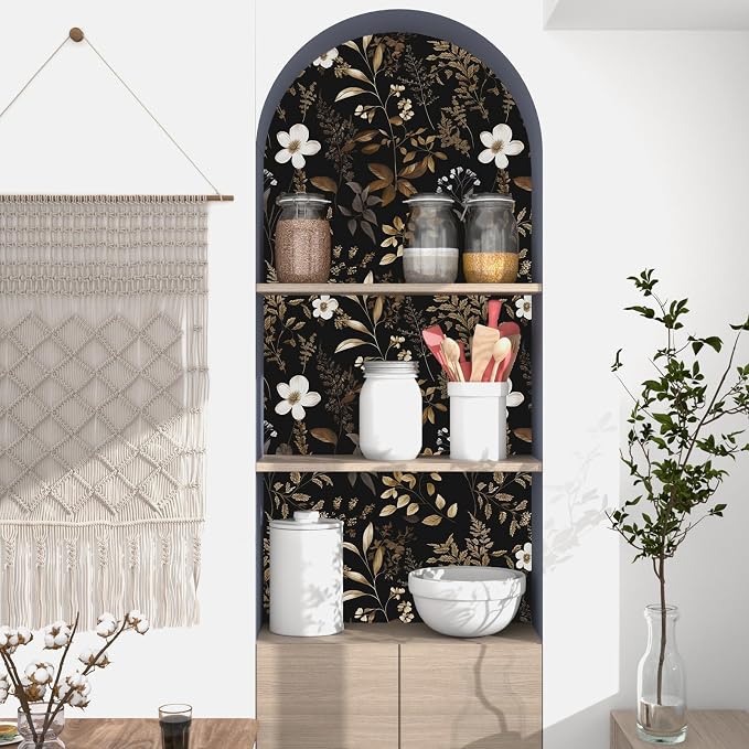 Laatse Floral Leaf Vintage Wallpaper Peel and Stick 17.5"x393", Gold Black | Self Adhesive/Removable/Waterproof/Thick Vinyl Contact Paper for Bathroom Bedroom Shelf Cabinet Drawer,Prepasted,Easy Peel - Image 4