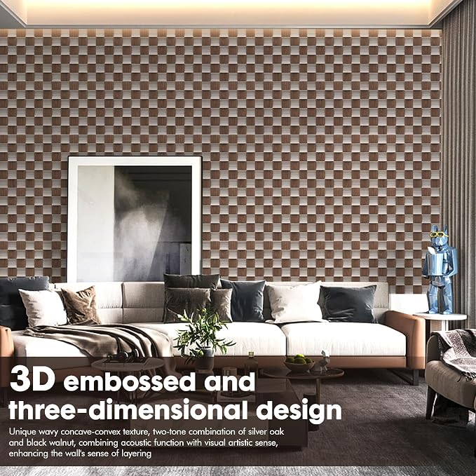 Acoustic Wood Slat Panels,23.6"x23.6",3D Concave Convex,4 Pcs | Fluted Wood Panel Sound Absorbing Panel for Bedroom, Office, Interior Decor, (15.5ft²), Black Walnut Wood+Silver Oak - Image 2