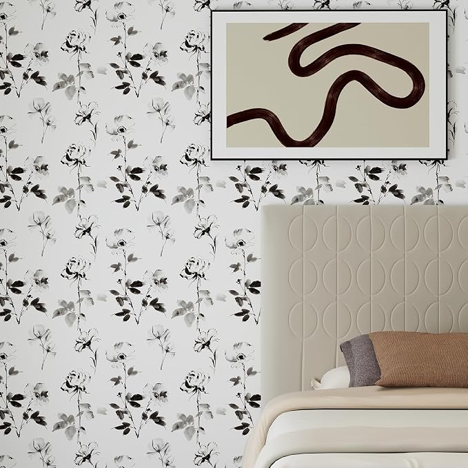 Hopepak Floral Wallpaper Peel and Stick Black and White Flower Peel and Stick Wall Paper Modern Contact Paper Removable Self Adhesive Wallpaper for Bathroom Bedroom Cabinet Decor Vinyl 17.3" x 78.7" - Image 2
