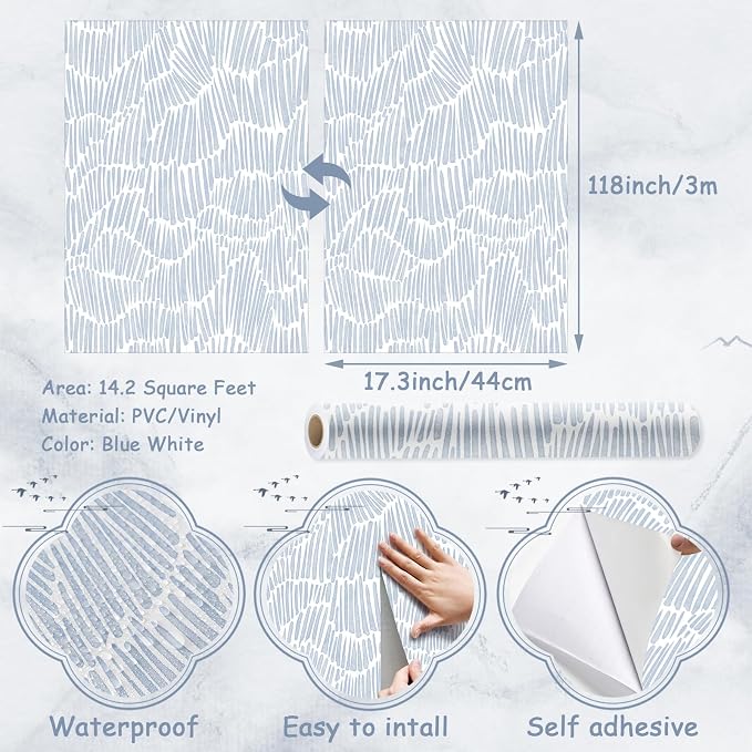 Theper Blue Contact Paper Modern Peel and Stick Wallpaper 17.3"×118" | Striped Boho Wallpaper Removable Self Adhesive Wall Paper for Bedroom Waterproof White and Blue Wallpapers for Cabinets Vinyl - Image 3