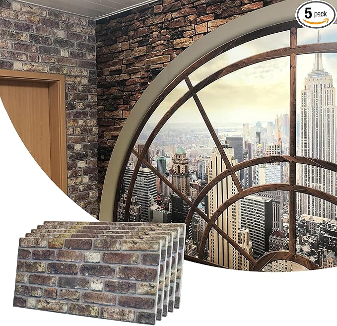 Dundee Deco 3D Wall Panels Faux Brick - Cladding, Grey Brown Stone Look Wall Paneling, Styrofoam Facing for Living Room, Kitchen, Bathroom, Balcony, Bedroom, Set of 5, Covers 27 sq ft by DundeeDeco