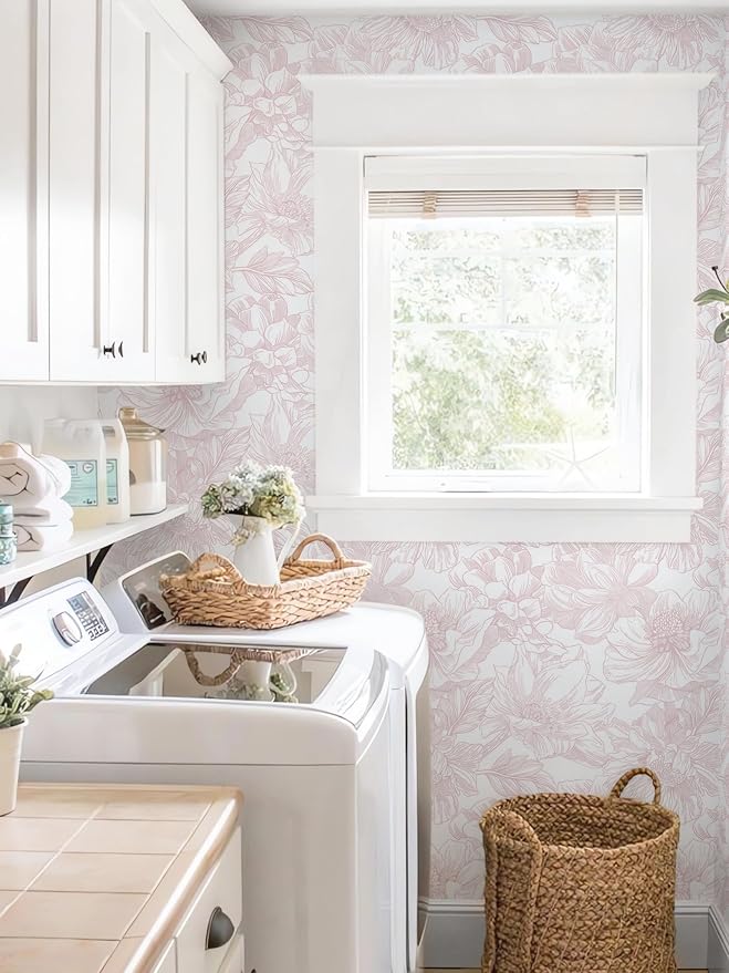 Ismoon Large Floral Peel and Stick Wallpaper Boho White/Pink Contact Paper 17.3inx6.5ft Removable Self Adhesive Bedroom Cabinet Mural Wall Decor Vinyl Roll - Image 4