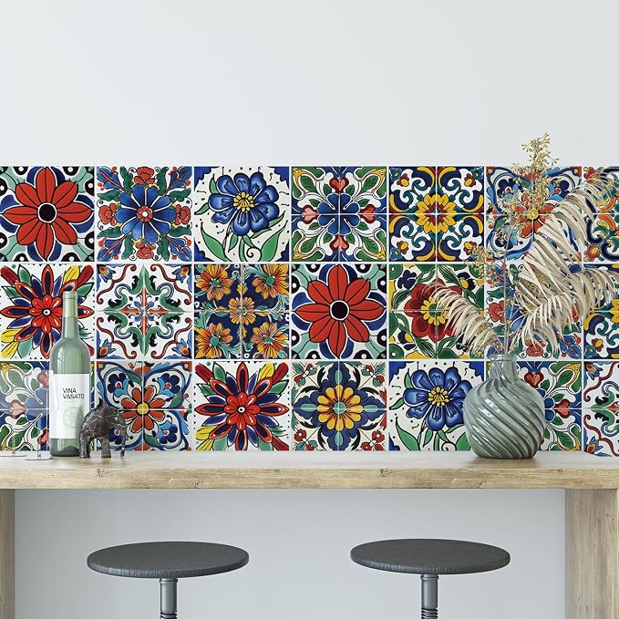 30 Pcs Mediterranean Style Peel and Stick Wall Tile Decals - Waterproof Vinyl Stickers for Kitchen Backsplash, Bathroom, Stair Riser Decor - Spanish Floral Pattern - 4x4 Inch - Image 5
