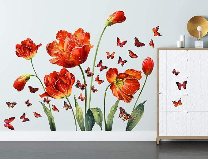 LiveGallery Large Pink Red Flowers Wall Stickers Removable Floral and Butterfly Wall Decal DIY Tulips and Green Leaf Vine Wall Decor for Kids Teens Girls Women Bedroom Nursery Living Room Decoration - Image 7