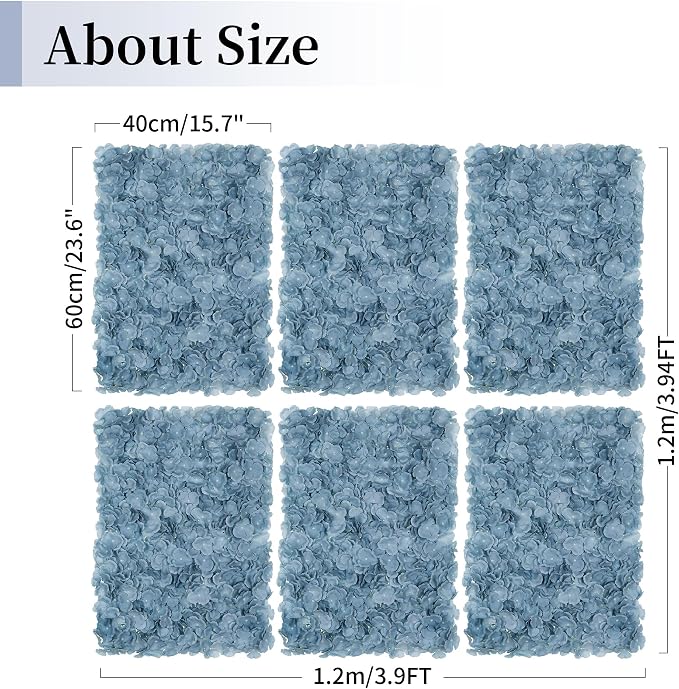 BLOSMON Flower Wall Panel Backdrop - 6 Pcs 24 x 16 Inch Dusty Blue Artificial Hydrangea Floral Backdrop for Wedding Party Baby Bridal Shower Decor, Hanging Fake Silk Hydrangea Wall DIY Decoration | Artificial Hydrangea Backdrops, for Wedding, Party, Ba... - Image 3