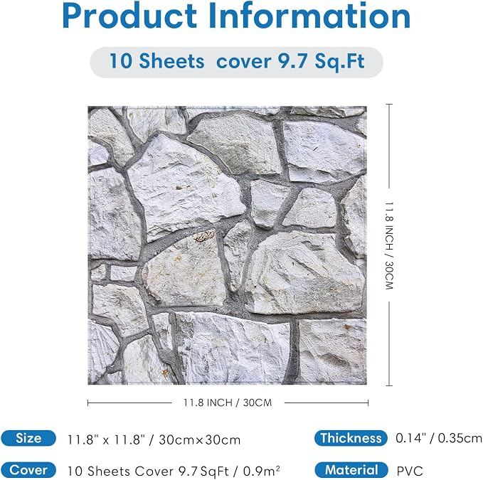 COMSTICKC 3D Faux Stone Wall Panels Peel and Stick, 10 Pcs 11.8" x 11.8" | Not Real Stone, Ultra-Light Thin PVC Wall Sticker, Fake Rock Decorative Tile Covering for DIY Interior Decor, Cover 9.7 sq ft - Image 5
